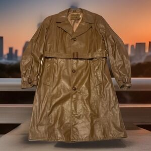 Vintage WELLINGTON Leather Trench Coat Full Length Jacket Brown Embossed 44R XL